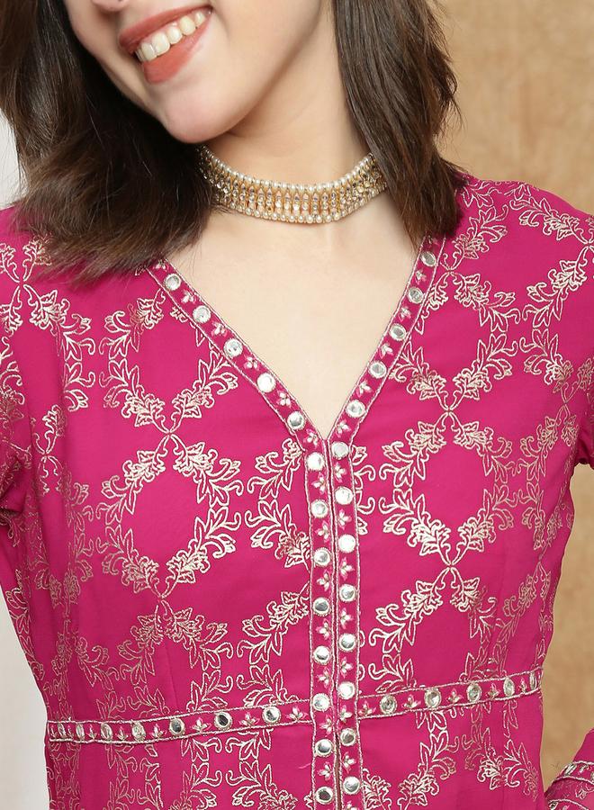 globus Women Pink V-Neck Gold Foil Print Tunic and Sharara Co-Ords - Image 3